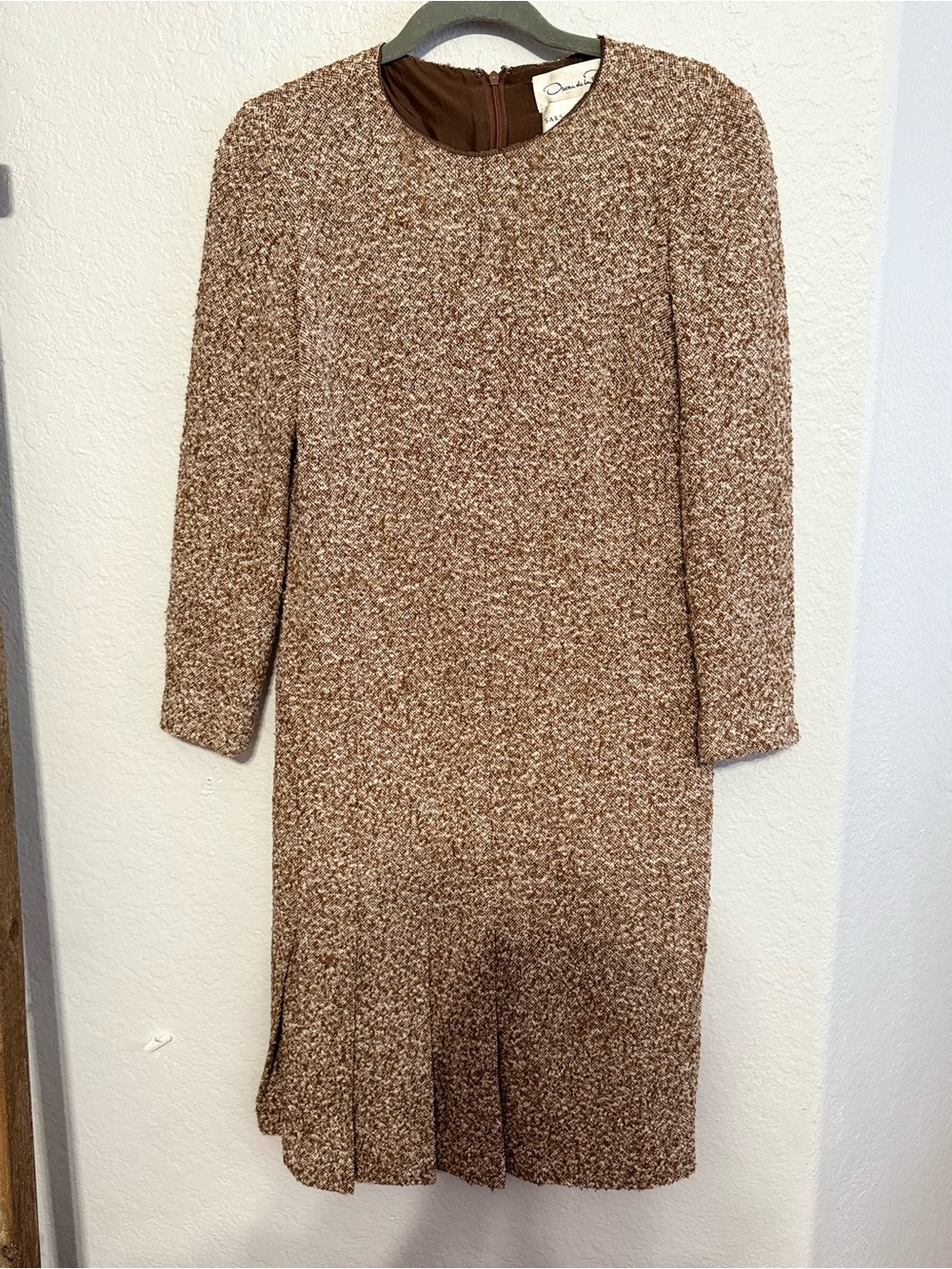 Oscar de la Renta Brown Speckled Long-Sleeve Wool Dress